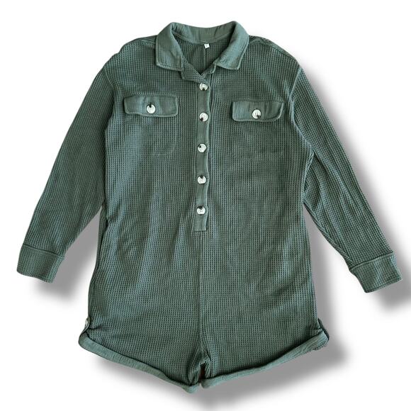 Olive Green Waffle Knit Button-Up Romper Size L Long Sleeve Collared Lounge - Picture 1 of 10